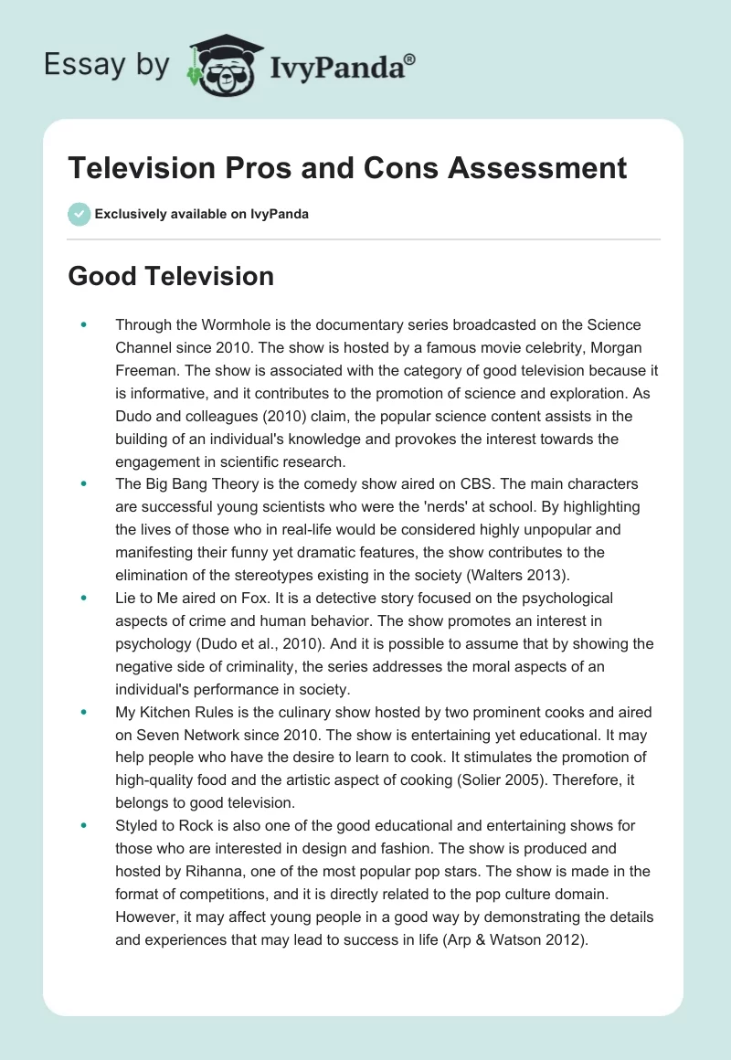 Television Pros and Cons Assessment. Page 1