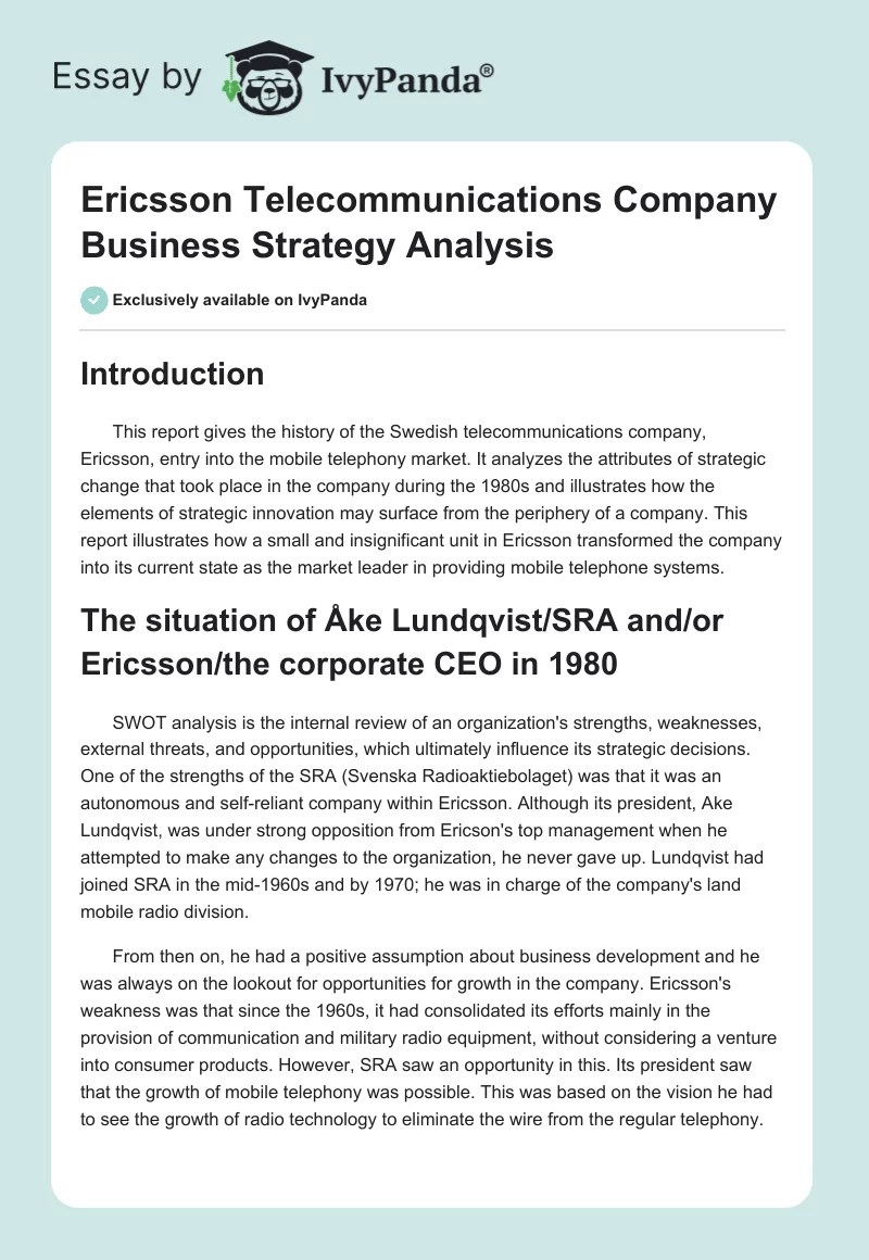 Ericsson Telecommunications Company Business Strategy Analysis. Page 1