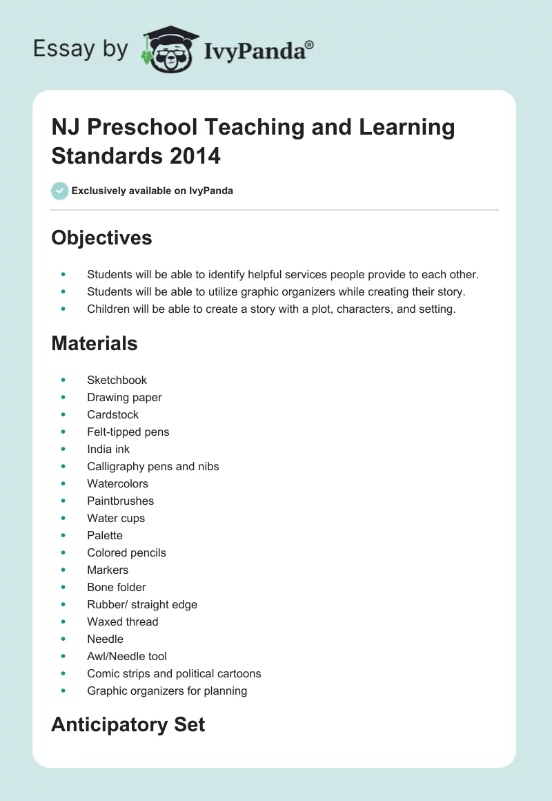 NJ Preschool Teaching and Learning Standards 2014. Page 1