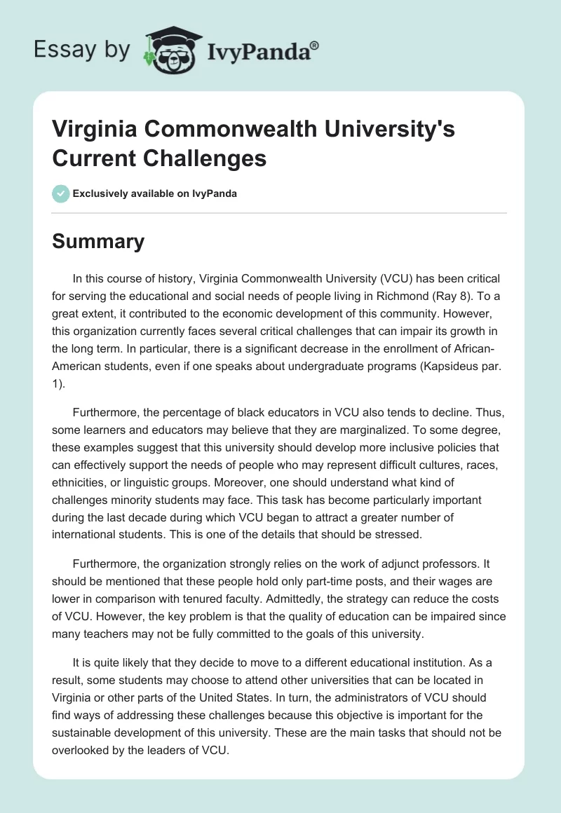 Virginia Commonwealth University's Current Challenges. Page 1