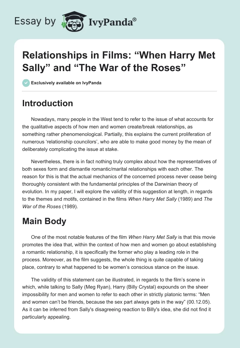 Relationships in Films: “When Harry Met Sally” and “The War of the Roses”. Page 1