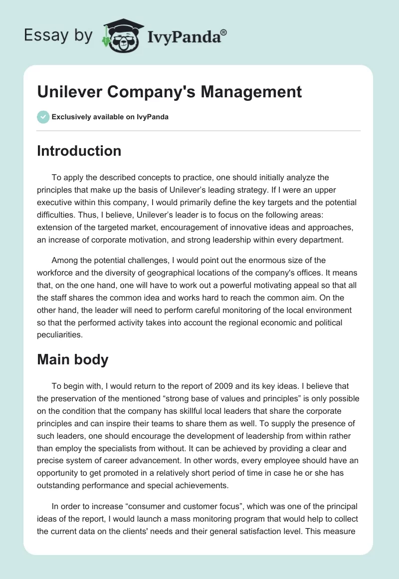 Unilever Company's Management. Page 1