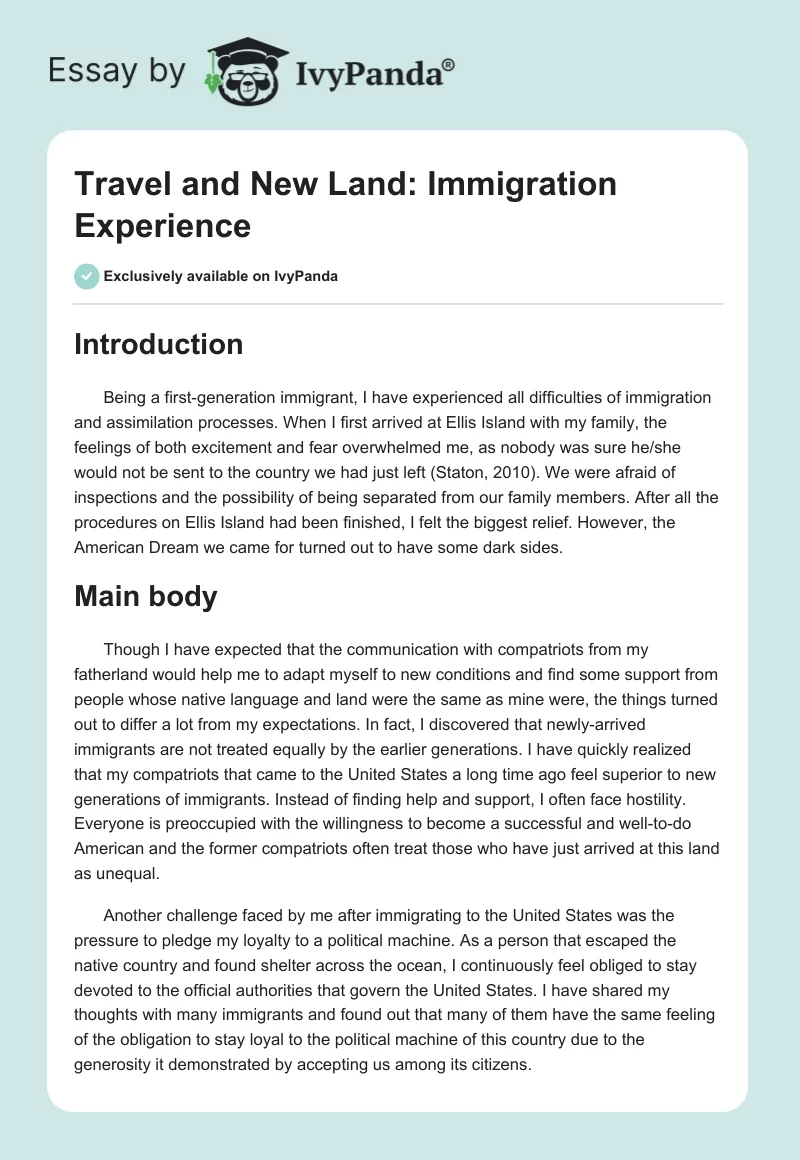 Travel and New Land: Immigration Experience. Page 1