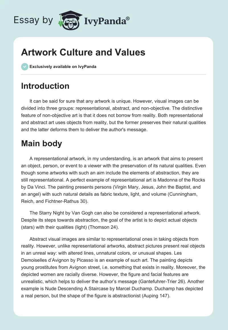 Artwork Culture and Values. Page 1