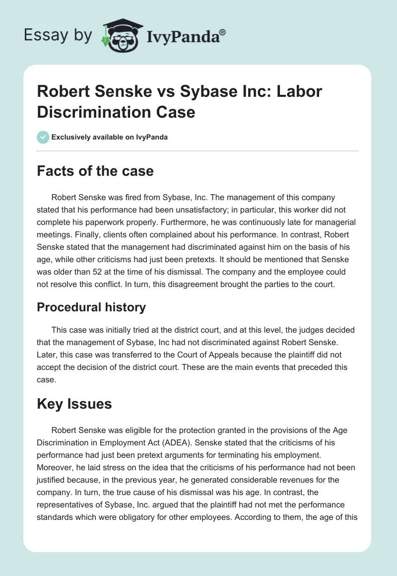 Robert Senske vs Sybase Inc: Labor Discrimination Case. Page 1