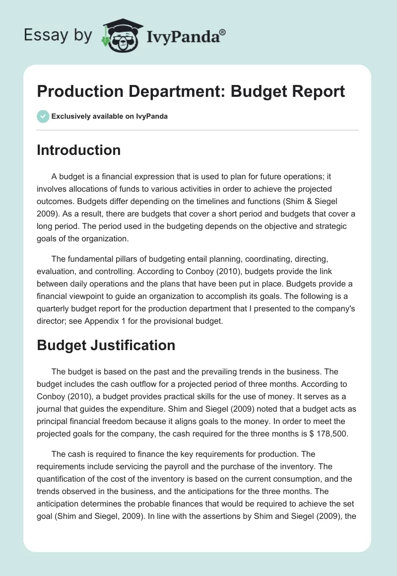 Production Department: Budget Report. Page 1