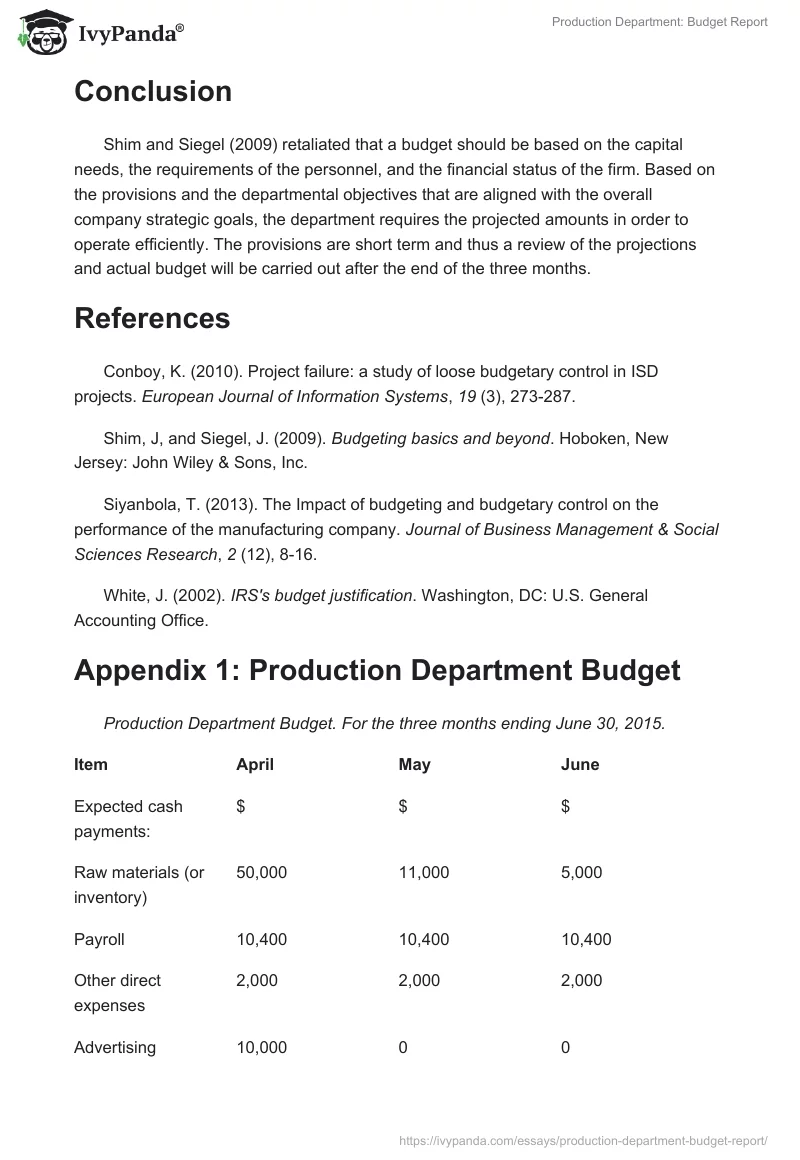 Production Department: Budget Report. Page 3