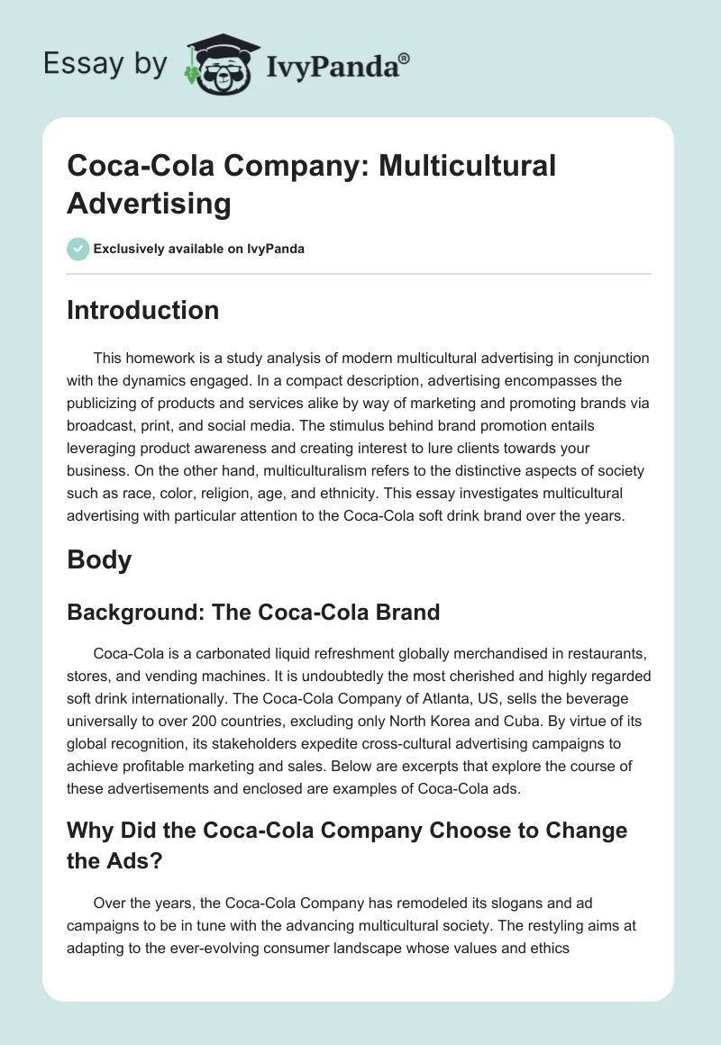 Coca-Cola Company: Multicultural Advertising. Page 1