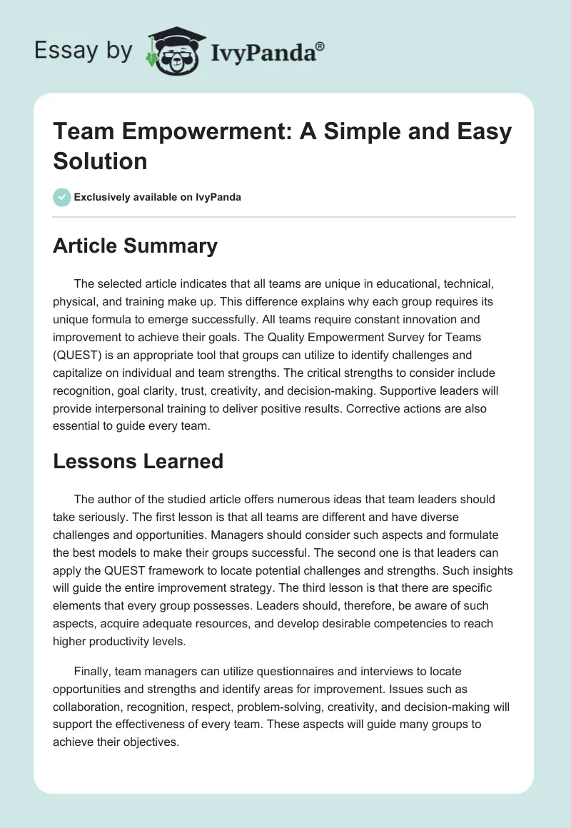 Team Empowerment: A Simple and Easy Solution. Page 1