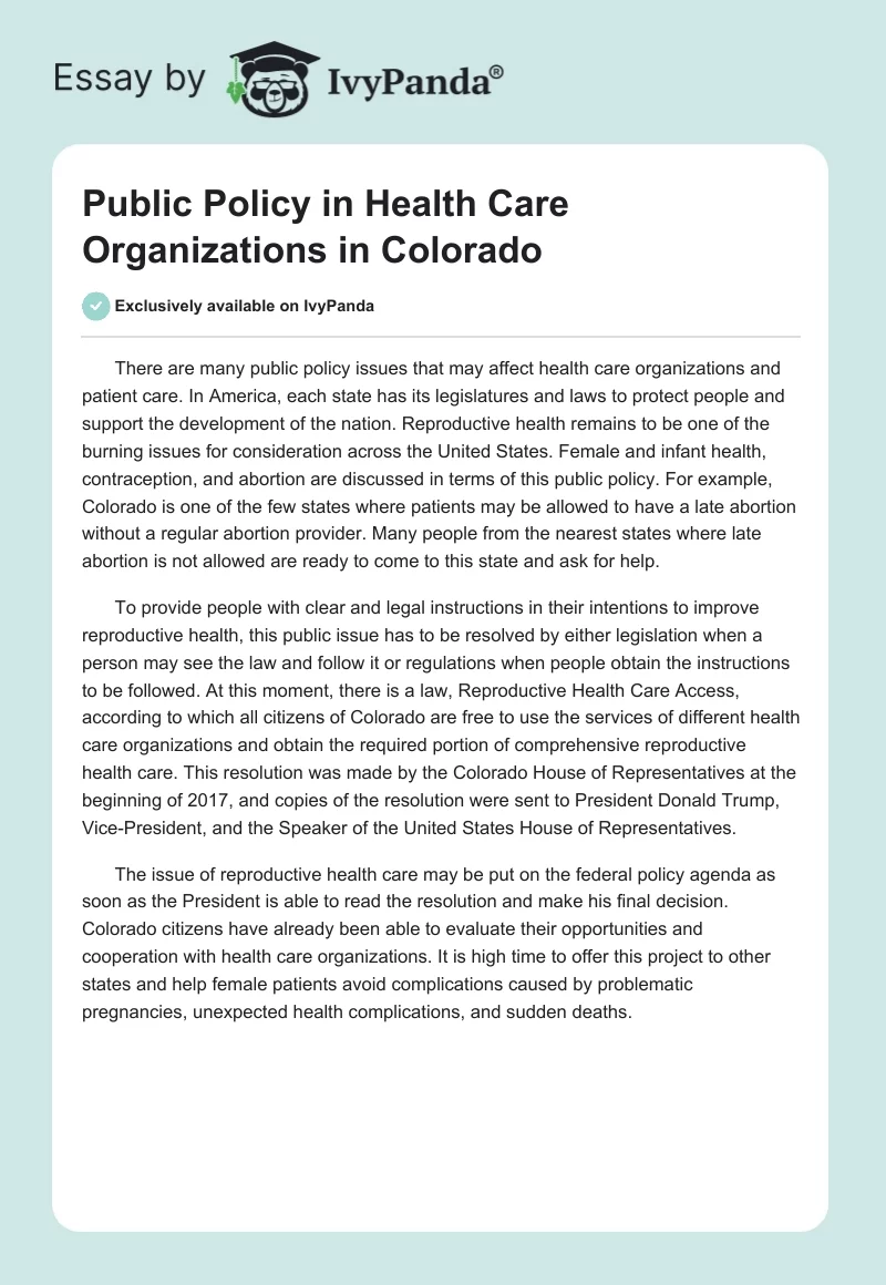 Public Policy in Health Care Organizations in Colorado. Page 1