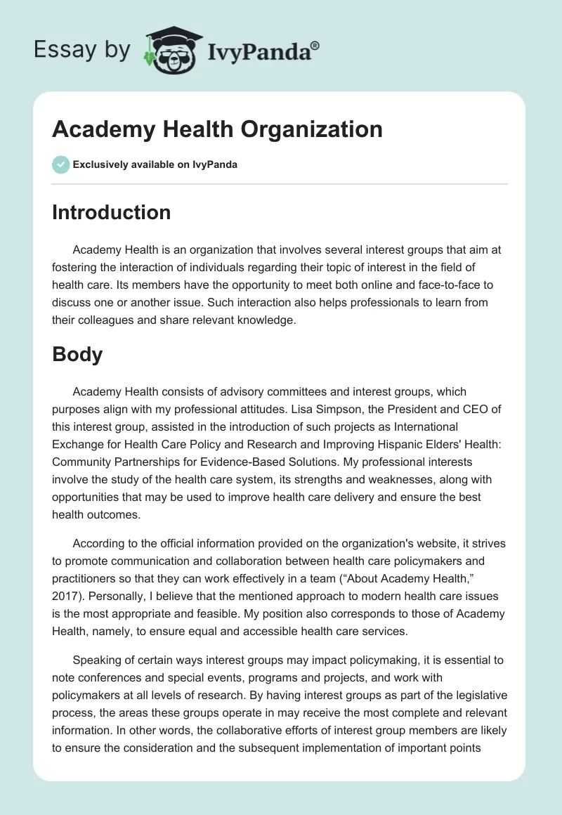 Academy Health Organization. Page 1