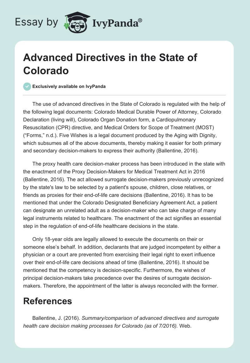 Advanced Directives in the State of Colorado. Page 1