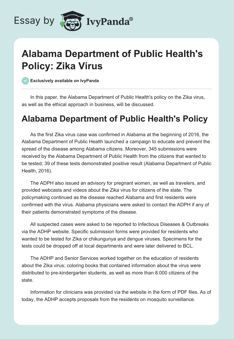 Alabama Department of Public Health's Policy: Zika Virus. Page 1