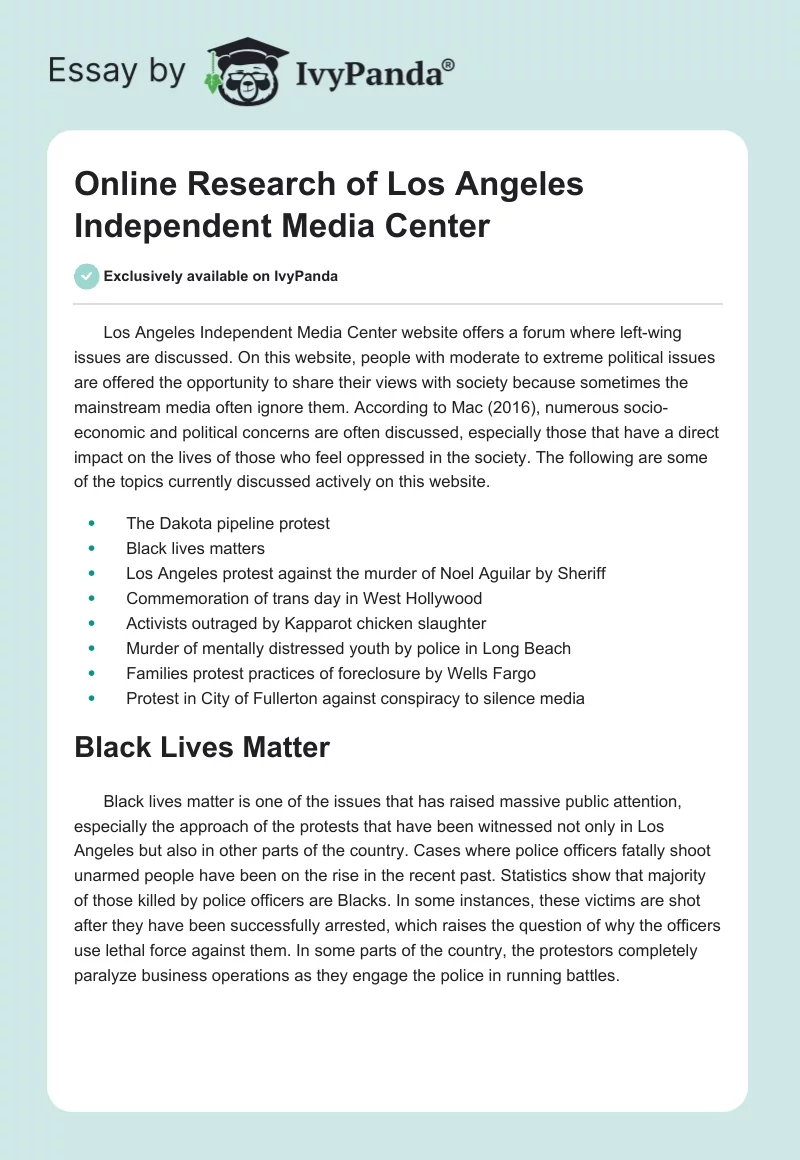 Online Research of Los Angeles Independent Media Center. Page 1
