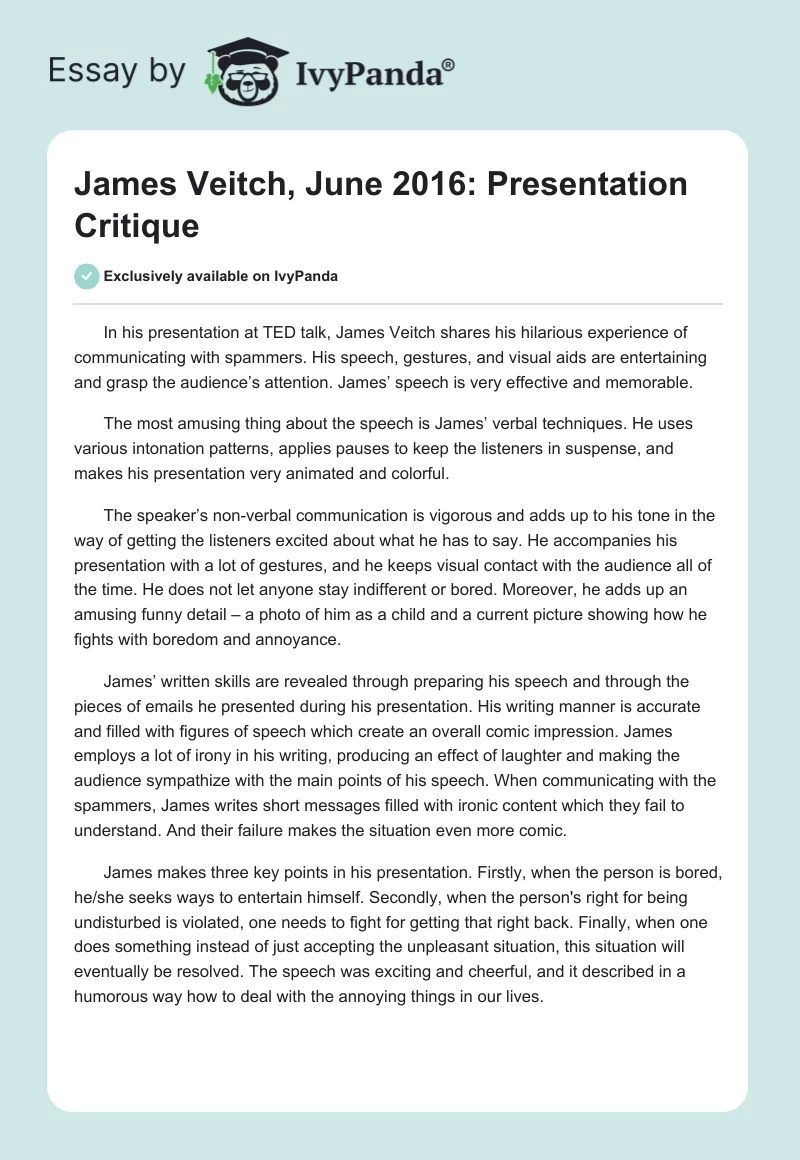 James Veitch, June 2016: Presentation Critique. Page 1