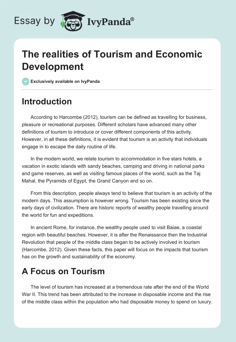 The realities of Tourism and Economic Development. Page 1