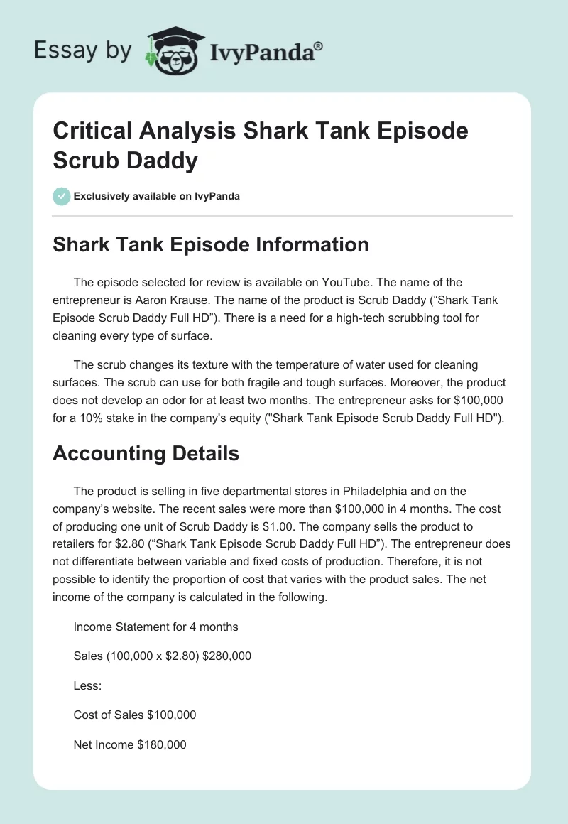 Critical Analysis "Shark Tank Episode Scrub Daddy". Page 1