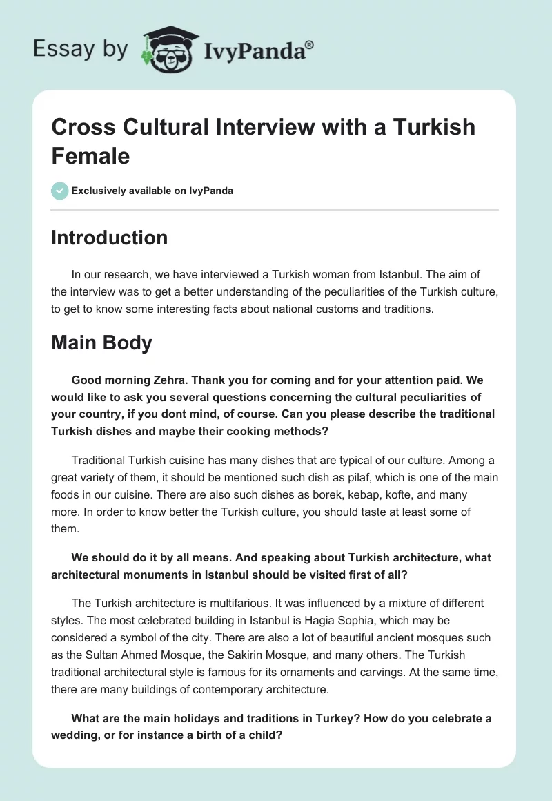 Cross Cultural Interview with a Turkish Female. Page 1