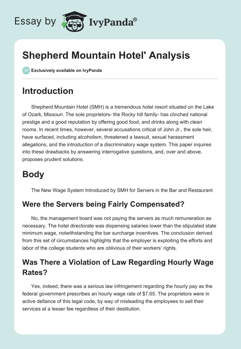 Shepherd Mountain Hotel' Analysis. Page 1