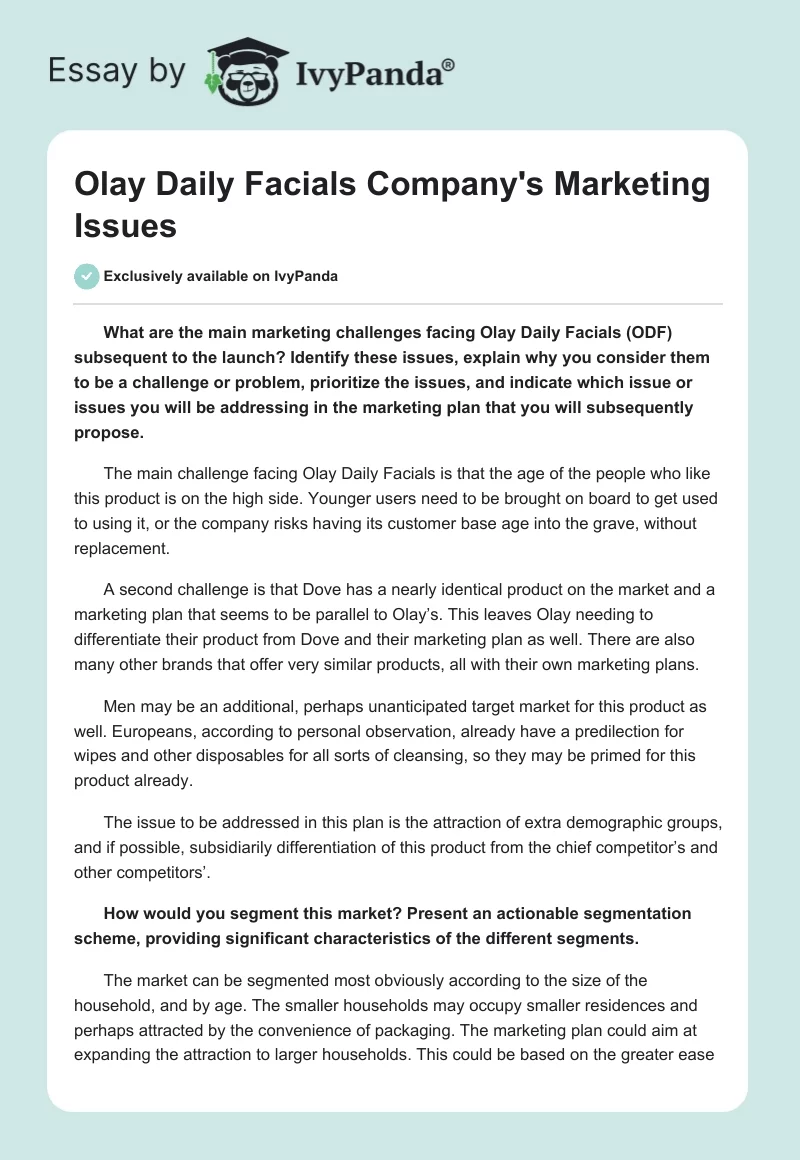 Olay Daily Facials Company's Marketing Issues. Page 1