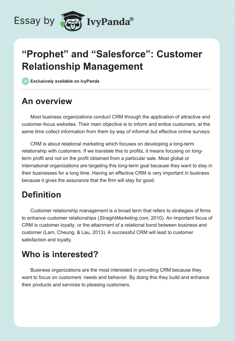 “Prophet” and “Salesforce”: Customer Relationship Management. Page 1