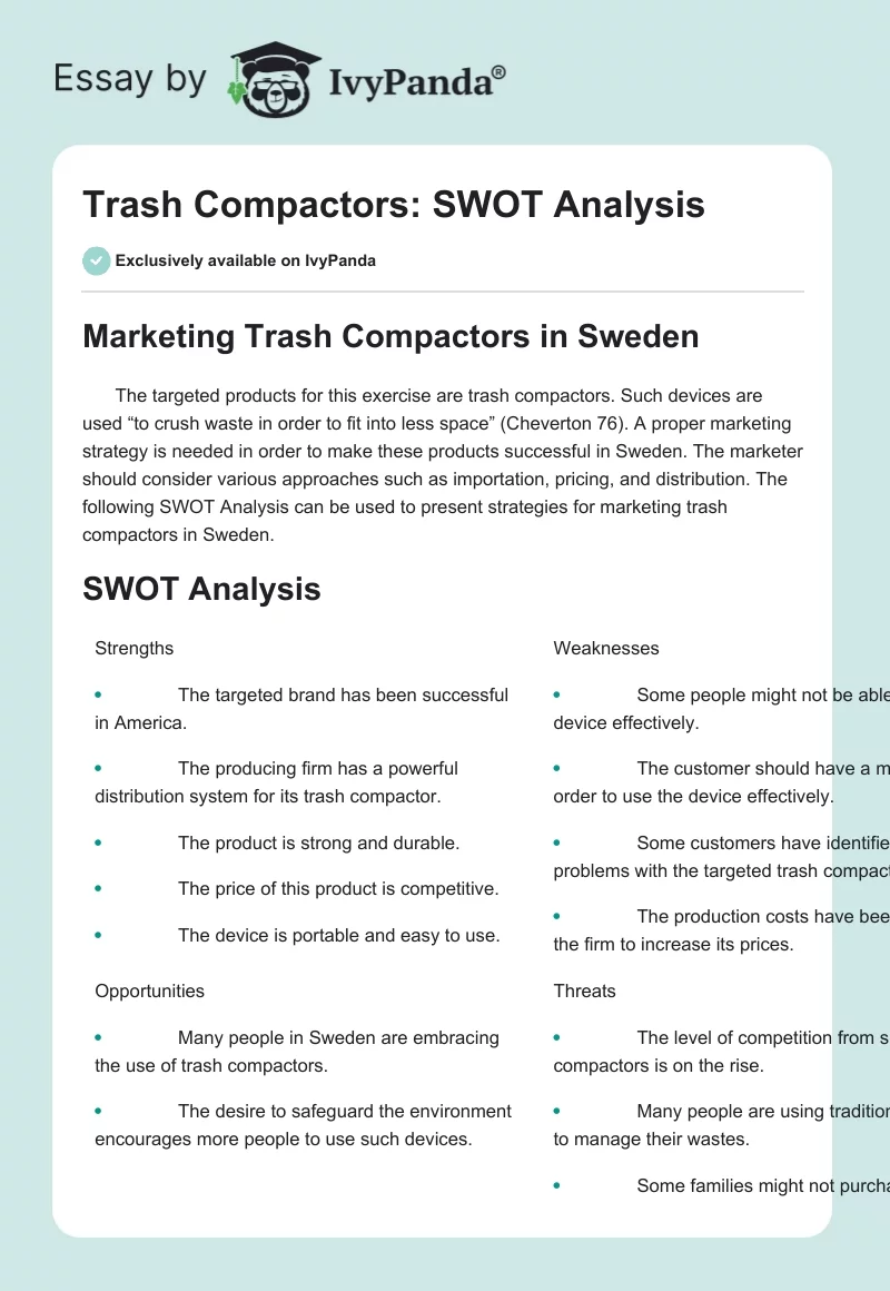 Trash Compactors: SWOT Analysis. Page 1