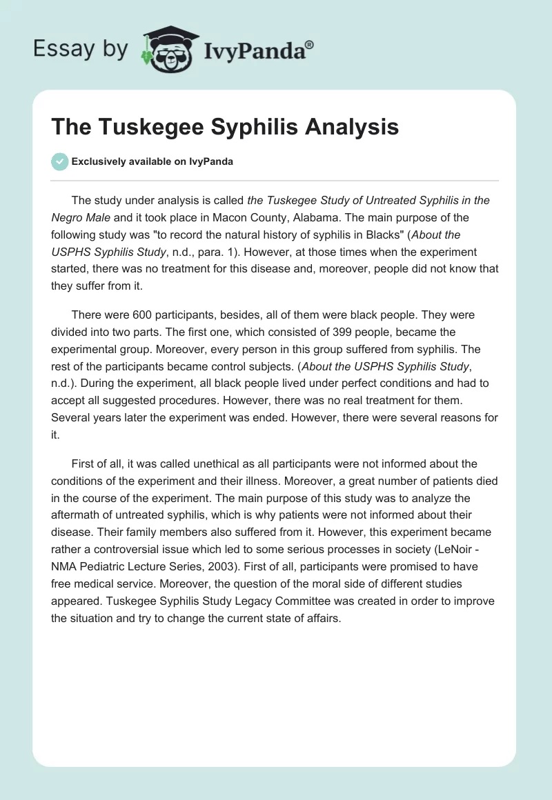 The Tuskegee Syphilis Analysis. Page 1