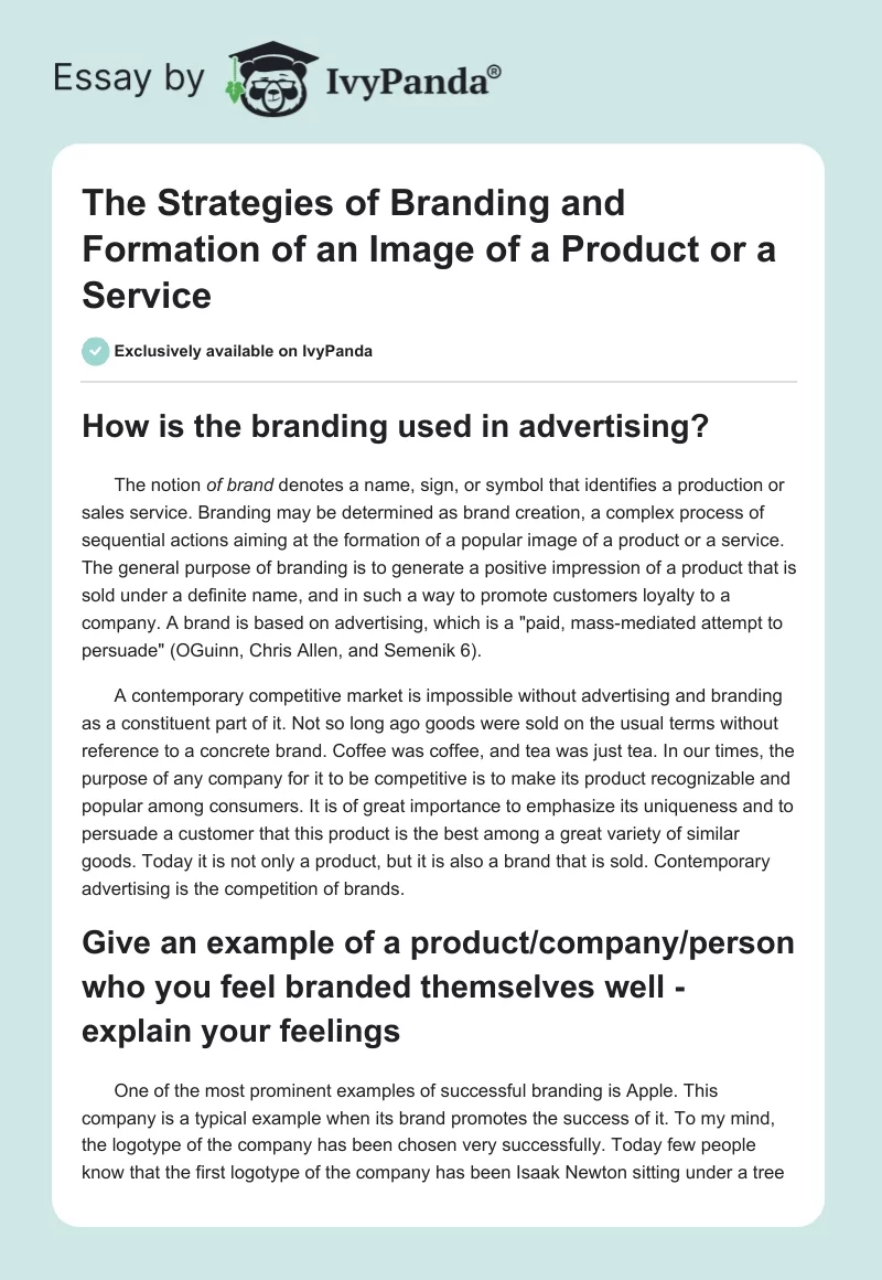 The Strategies of Branding and Formation of an Image of a Product or a Service. Page 1