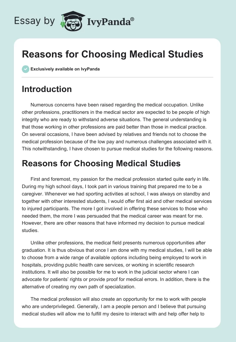Reasons for Choosing Medical Studies. Page 1