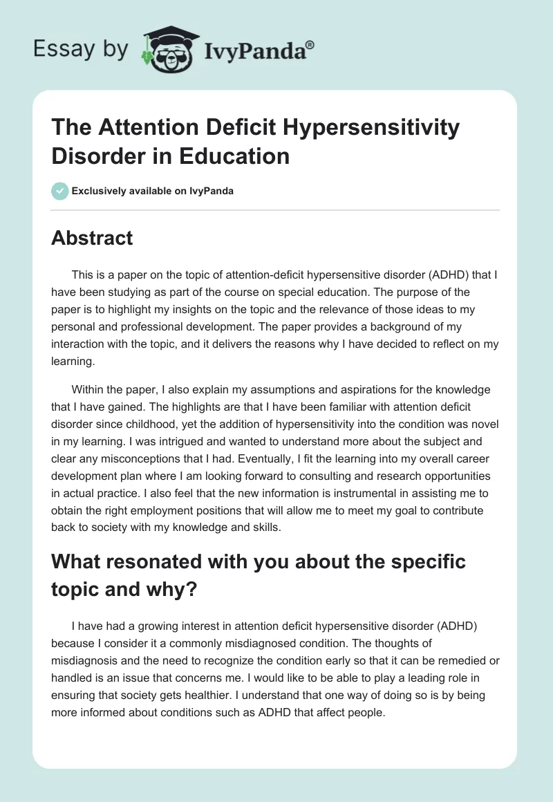 The Attention Deficit Hypersensitivity Disorder in Education. Page 1
