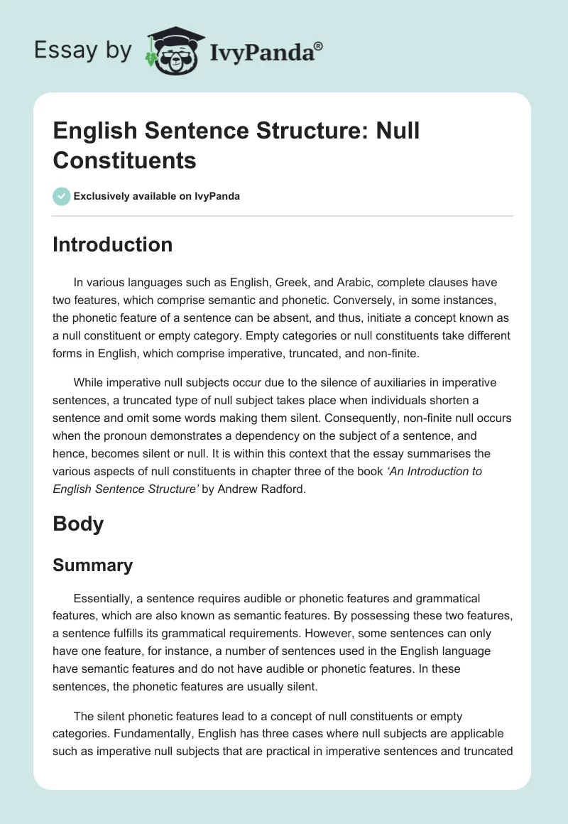 English Sentence Structure: Null Constituents. Page 1