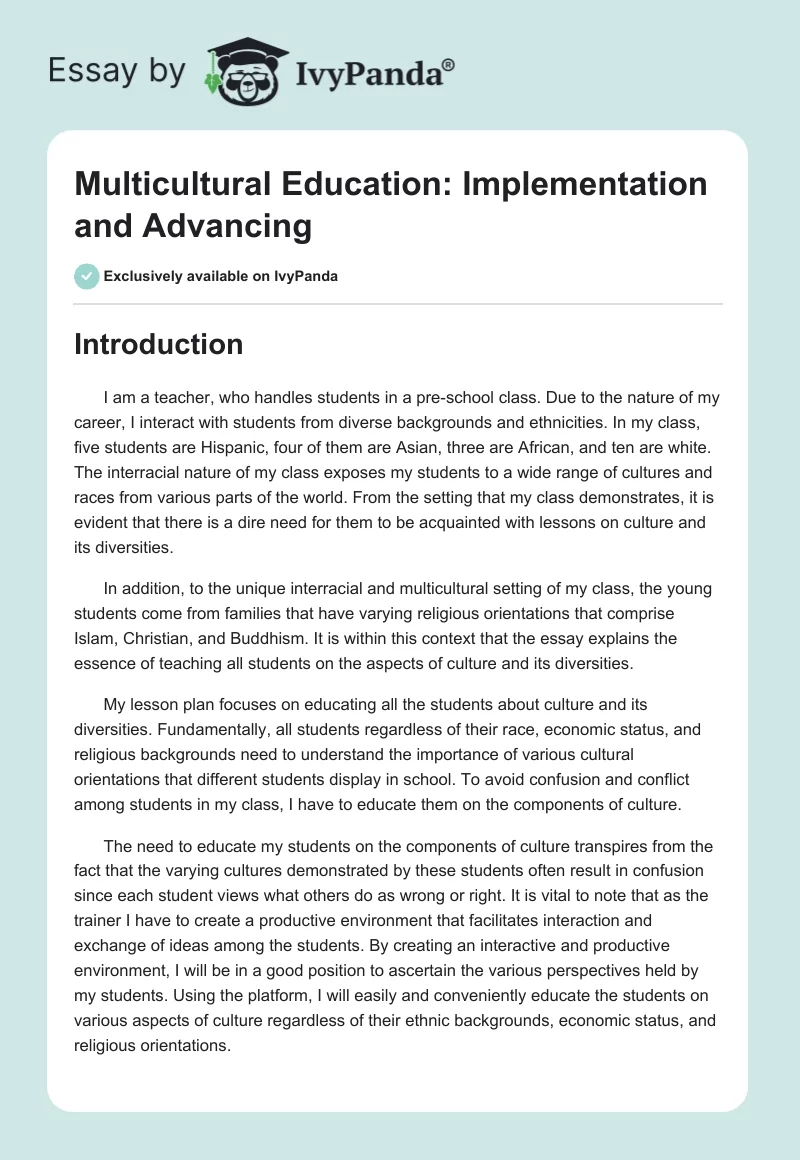 Multicultural Education: Implementation and Advancing. Page 1