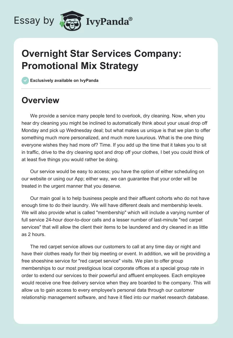 Overnight Star Services Company: Promotional Mix Strategy. Page 1