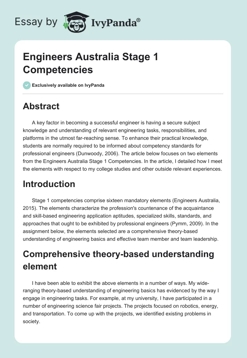 Engineers Australia Stage 1 Competencies. Page 1