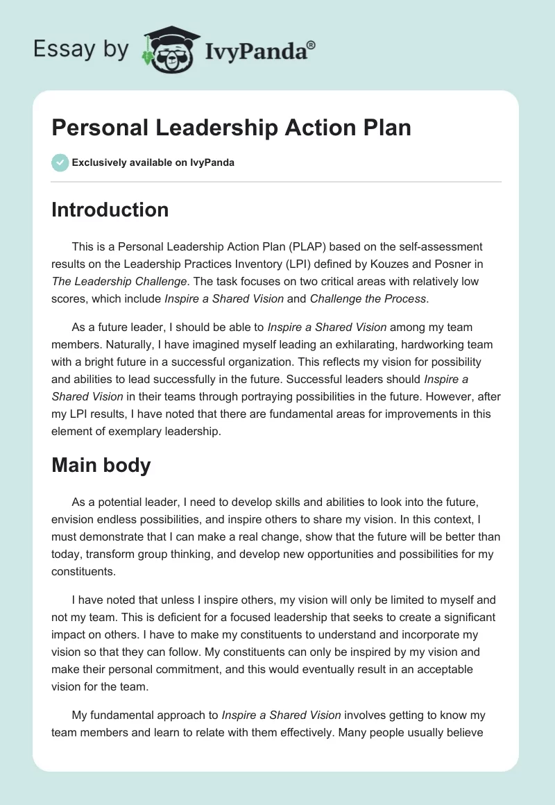 Personal Leadership Action Plan. Page 1