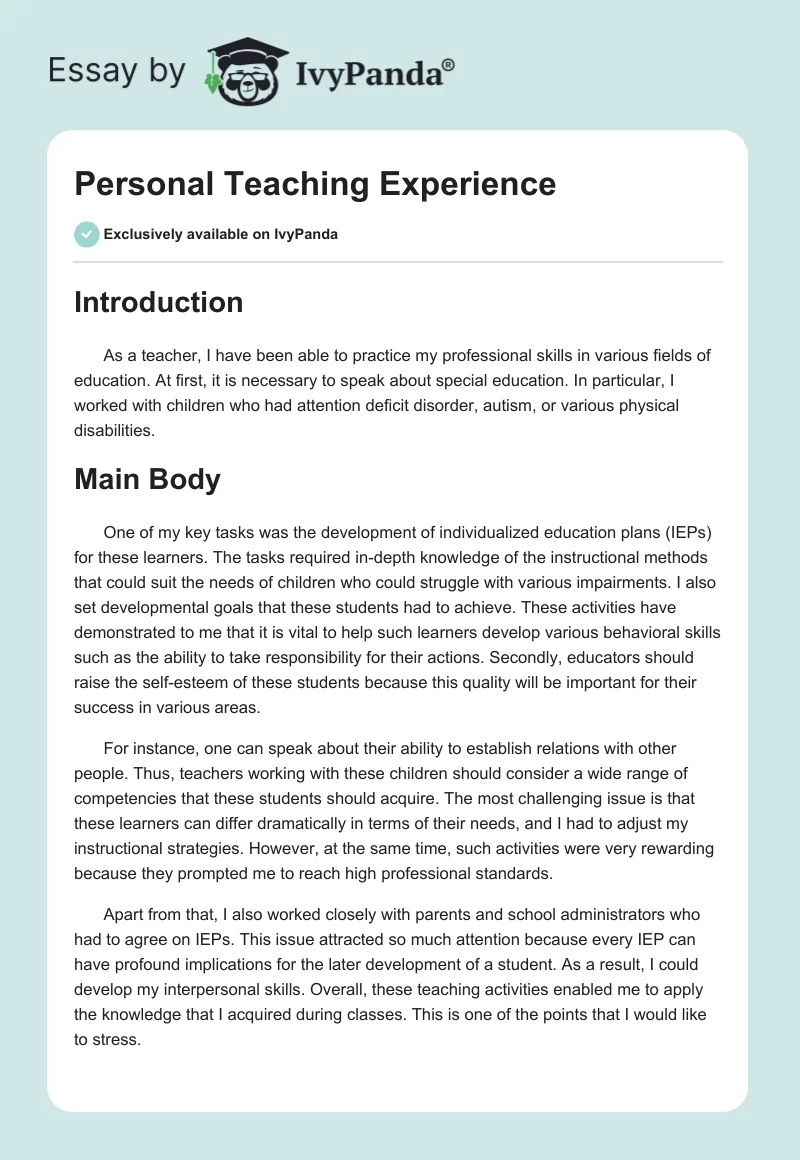 overall teaching experience essay