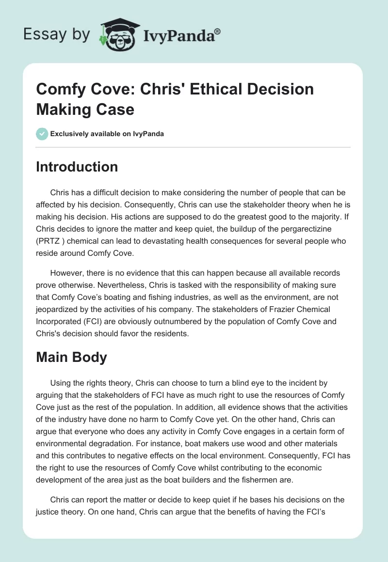 Comfy Cove: Chris' Ethical Decision Making Case. Page 1