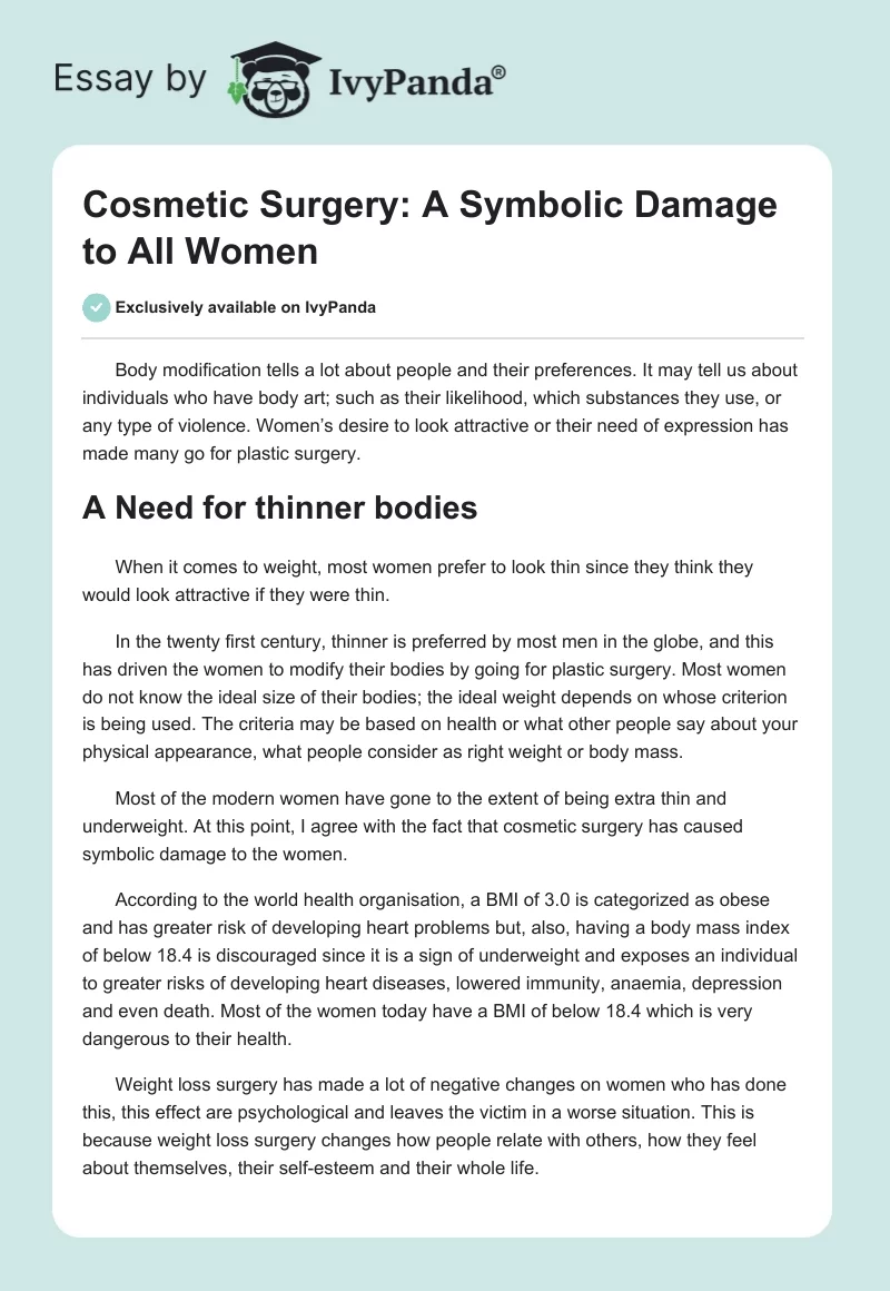 Cosmetic Surgery: A Symbolic Damage to All Women. Page 1
