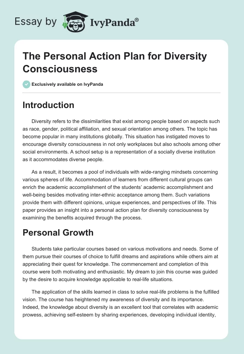 The Personal Action Plan for Diversity Consciousness. Page 1