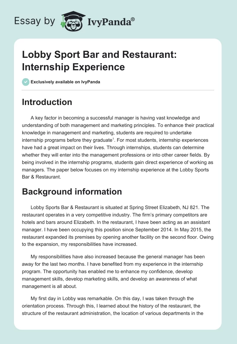 Lobby Sport Bar and Restaurant: Internship Experience. Page 1