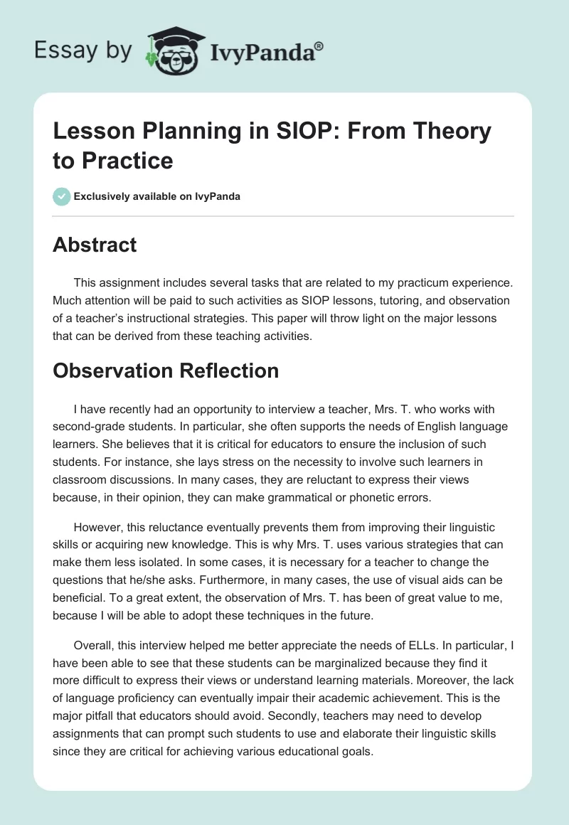 Lesson Planning in SIOP: From Theory to Practice. Page 1