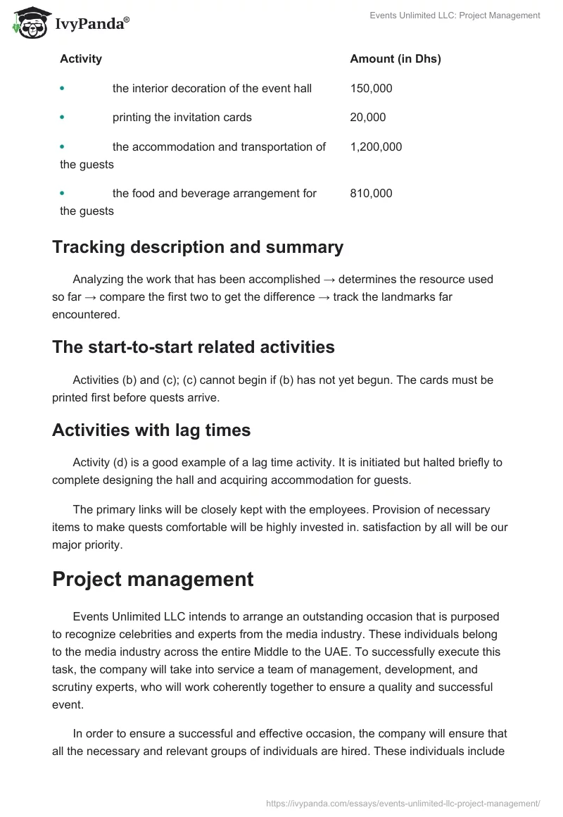 Events Unlimited LLC: Project Management. Page 2