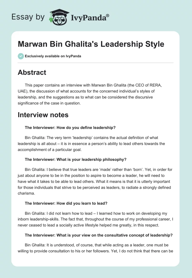 Marwan Bin Ghalita's Leadership Style. Page 1