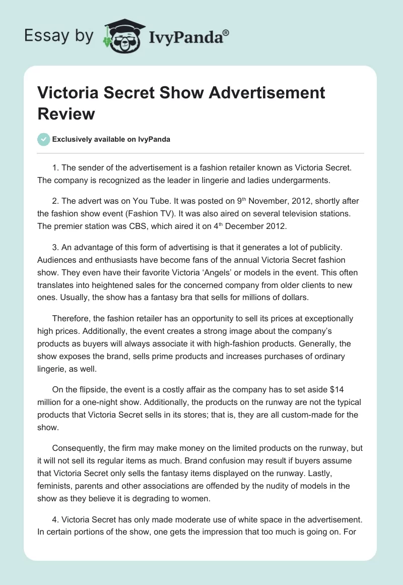 Victoria Secret Show Advertisement Review. Page 1
