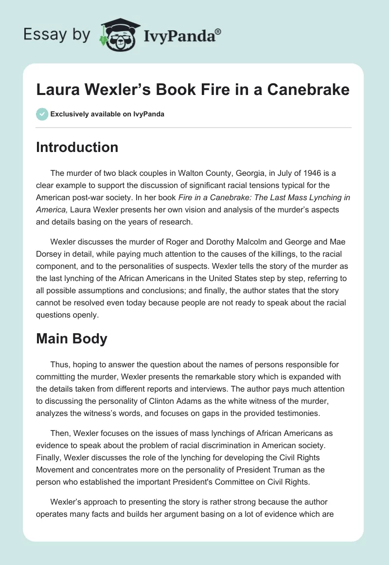 Laura Wexler’s Book "Fire in a Canebrake". Page 1
