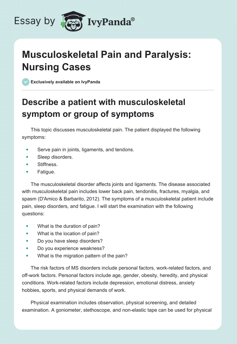 Musculoskeletal Pain and Paralysis: Nursing Cases. Page 1