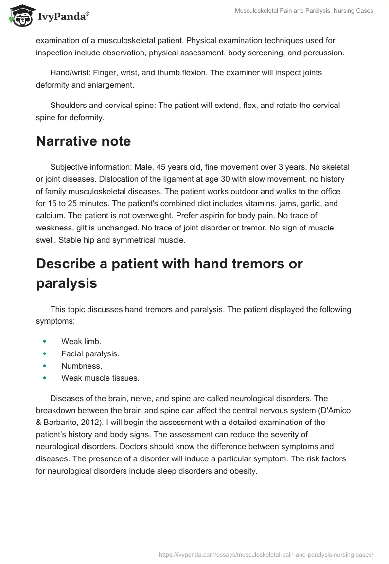 Musculoskeletal Pain and Paralysis: Nursing Cases. Page 2
