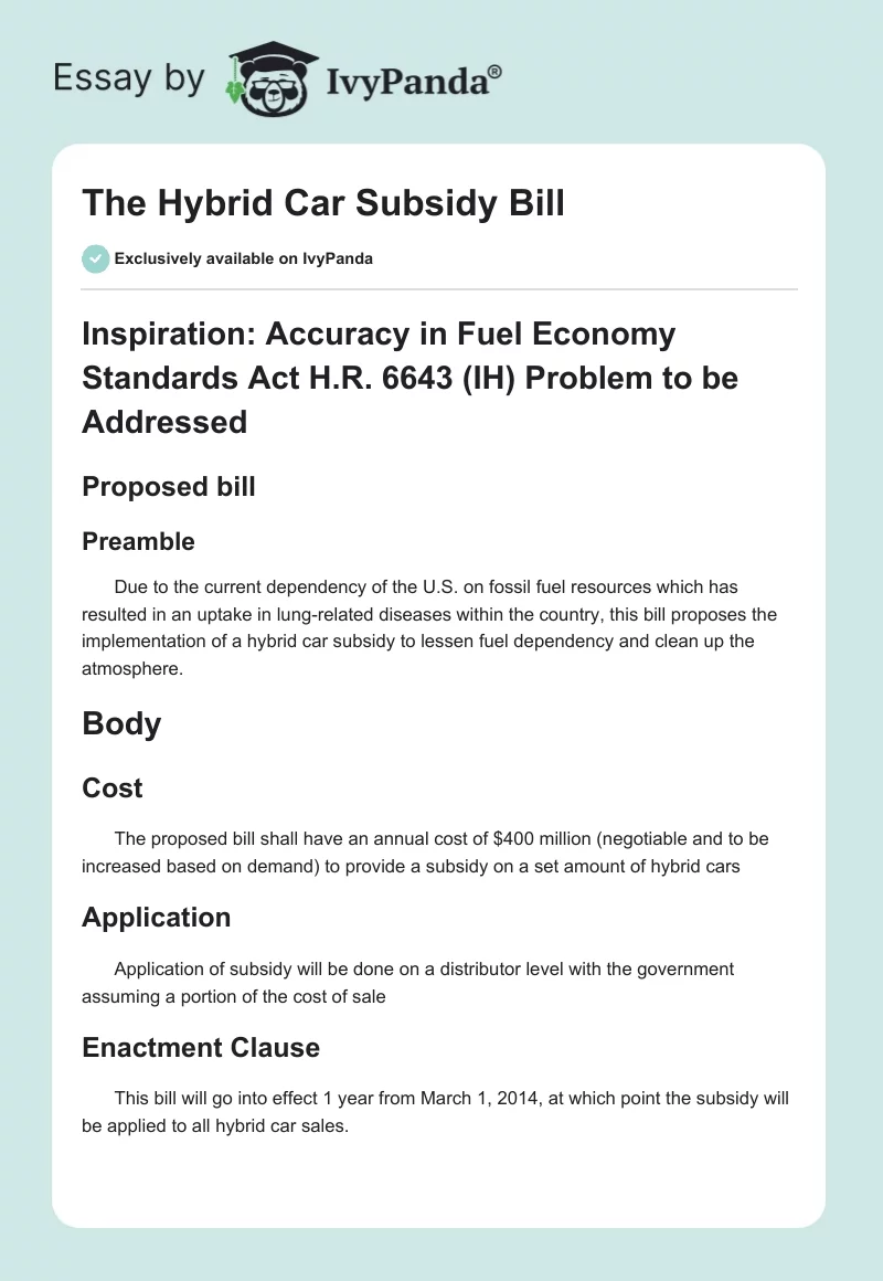 The Hybrid Car Subsidy Bill. Page 1