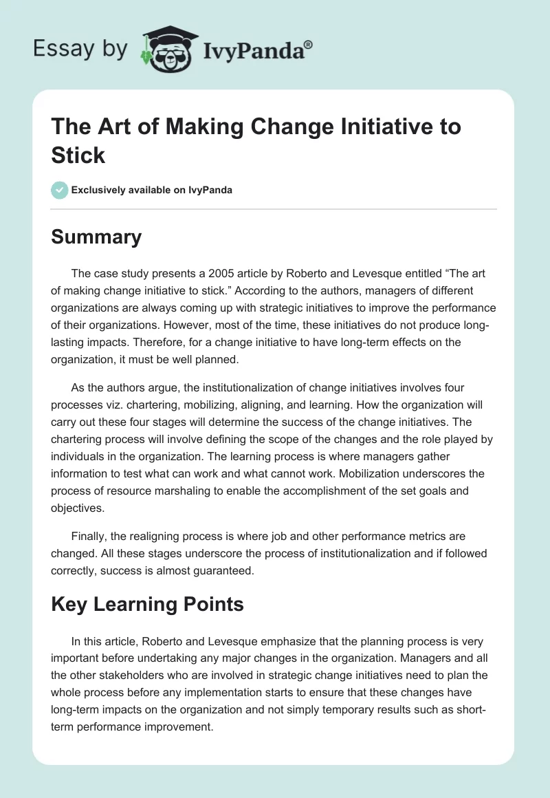 The Art of Making Change Initiative to Stick. Page 1