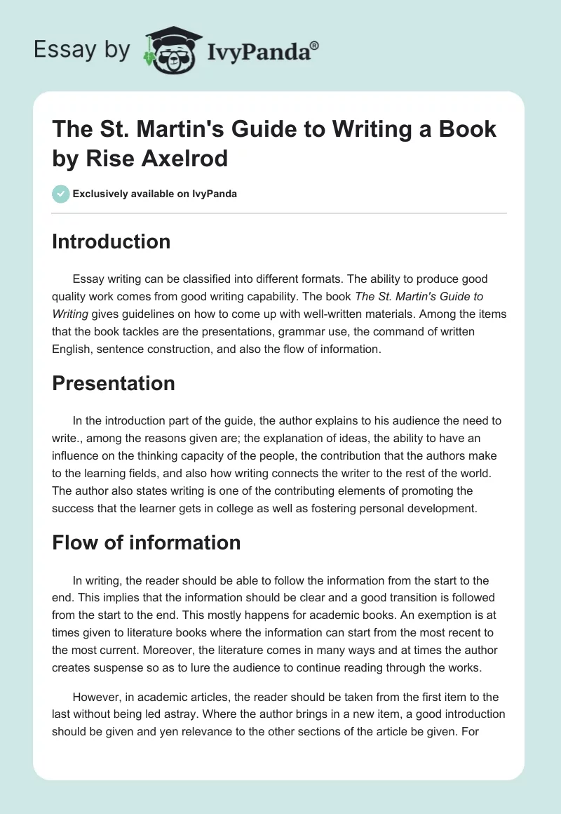 "The St. Martin's Guide to Writing" a Book by Rise Axelrod. Page 1